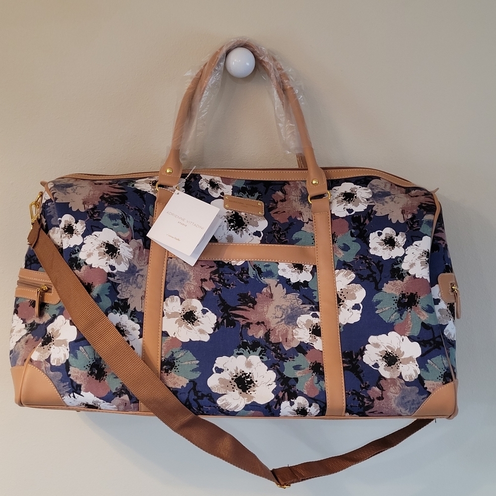 New Adrienne Vittadini canvas duffle floral bag Weekend Travel Bag Blue